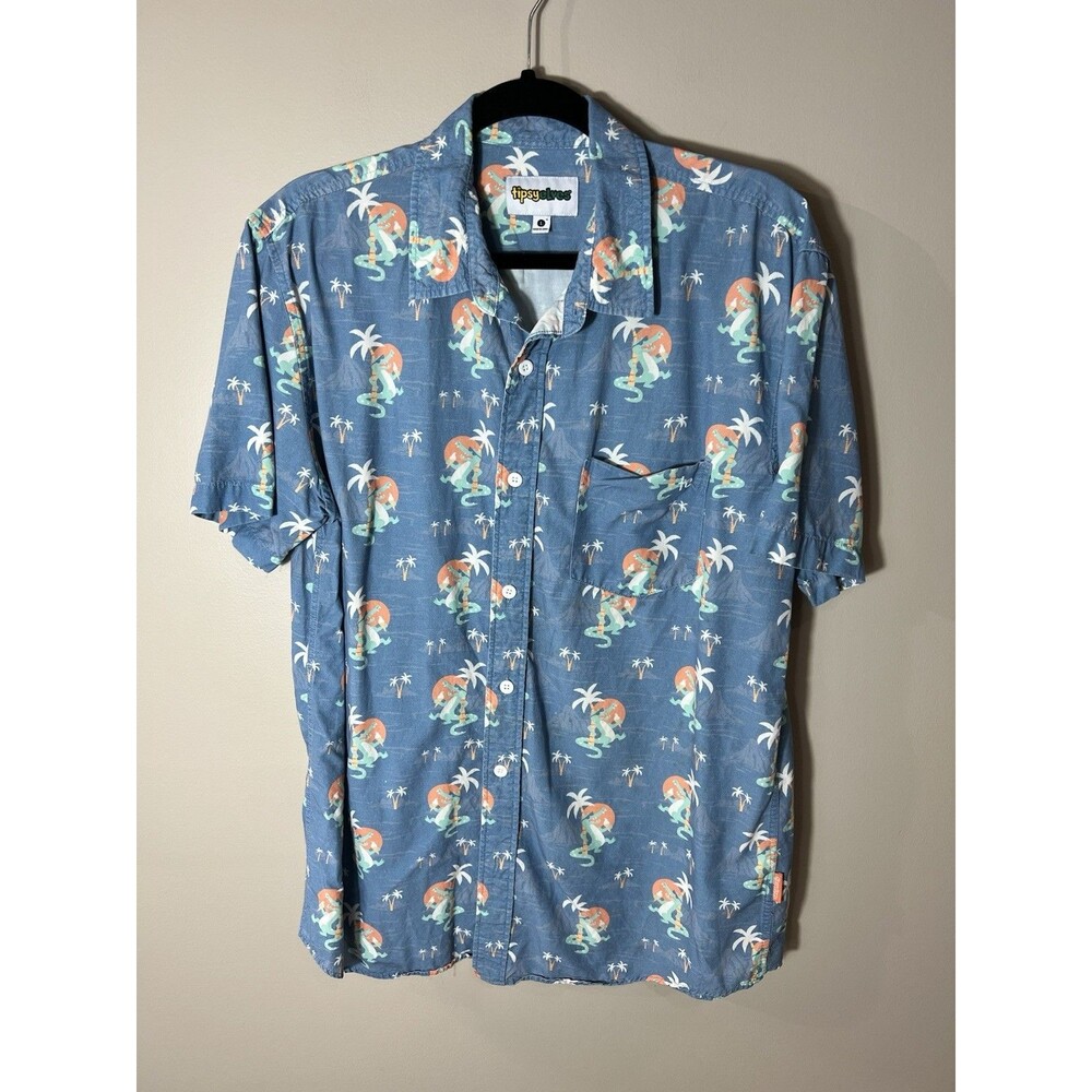 Tipsy Elves Mens Alligator Palm Tree Button Down Shirt Large Blue Tropical